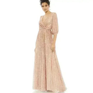 Mac Duggal Gown 12 Sequin Tulle Apricot Bishop Sleeve A-Line Maxi Dress L $598